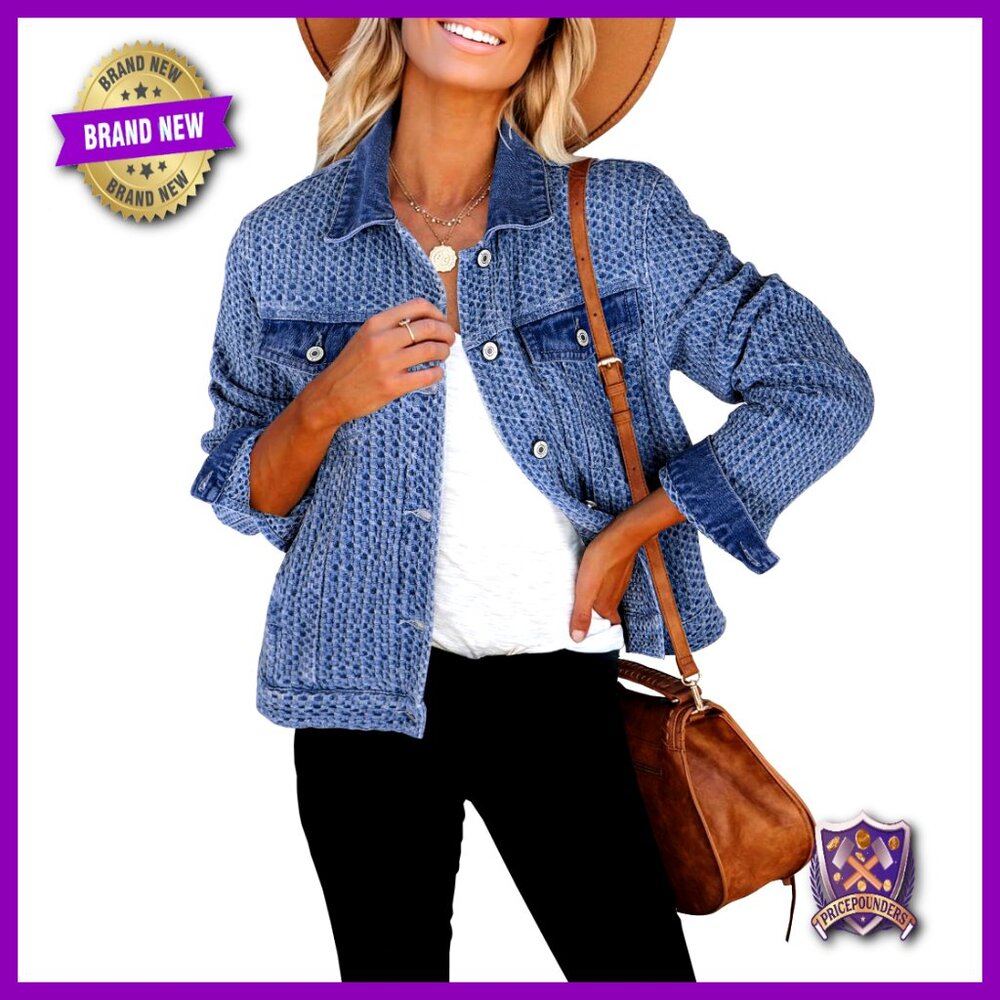 Distressed Denim Jacket Women's Long Sleeve Button Down Casual Trucker Style
